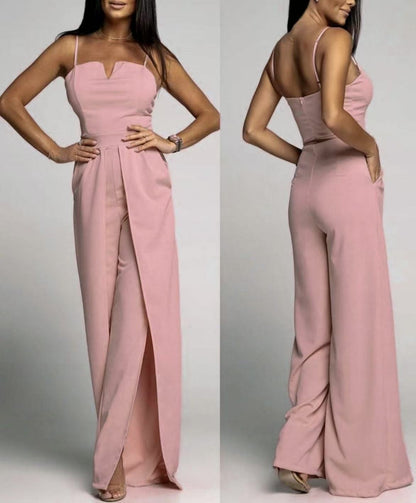 Dame Jumpsuit – Smal Passform – Stroppeløs – Vide Ben med Splitt – Elegant Festantrekk