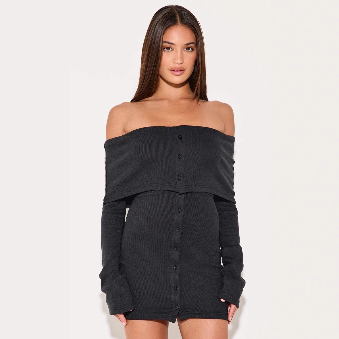 Dress for Women – Off-shoulder – Slim Fit – Ribbed Knit – A-line – Mini Length – Buttons