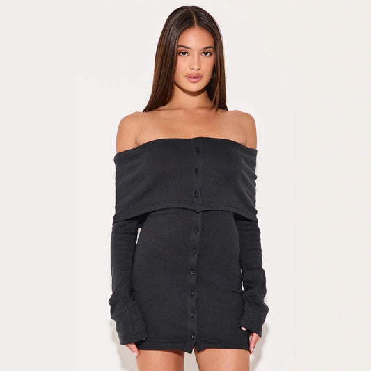 Dress for Women – Off-shoulder – Slim Fit – Ribbed Knit – A-line – Mini Length – Buttons