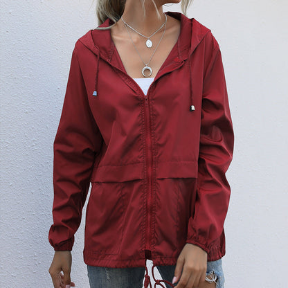 Women's Jacket with Hood – Waterproof Lightweight Material – Relaxed Fit – Zipper Front