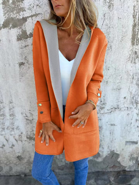 Women's Cardigan with Hood – Soft Knit – Relaxed Fit – Contrast Trim – Pockets