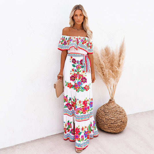 Women's Maxi Dress – Off Shoulder – Ruffle Edge – Floral Print – Belt at Waist