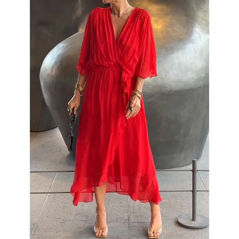Dress for Women – Maxi – Loose Fit – Batwing Sleeves – Asymmetric Hem – Waist Tie