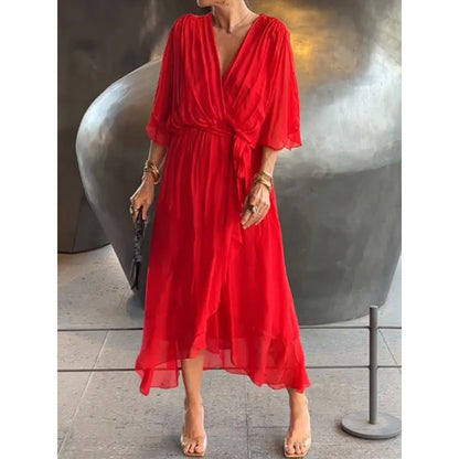 Dress for Women – Maxi – Loose Fit – Batwing Sleeves – Asymmetric Hem – Waist Tie