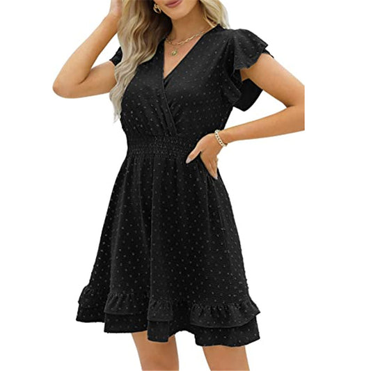 Women's Dress - Flared Sleeve, Wrap, V-Neck - Elastic Waist - Polka Dot - Ruffle Hem