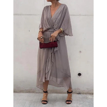 Dress for Women – Maxi – Loose Fit – Batwing Sleeves – Asymmetric Hem – Waist Tie