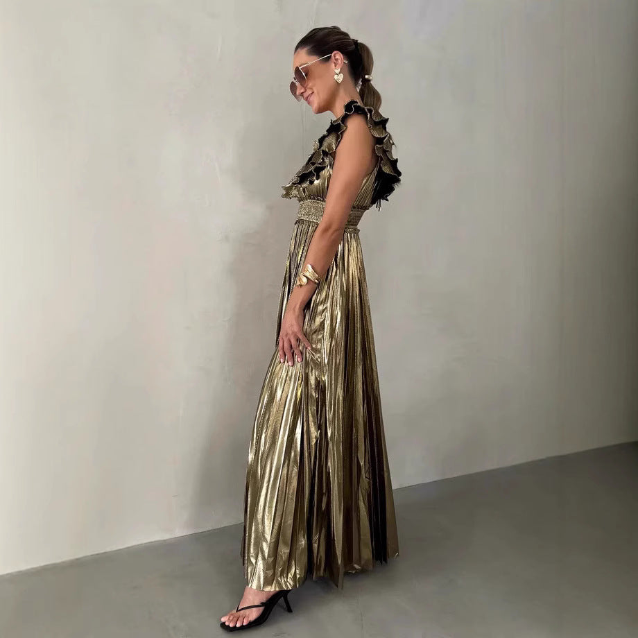 Dress for Women – A-line Fit – Satin Feel – Ruffled V-neck – Pleated Maxi Skirt