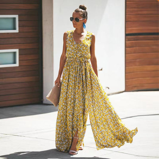Dress for Women – Bohemian Maxi – Light Fabric – Deep V-neck – Fitted Waist
