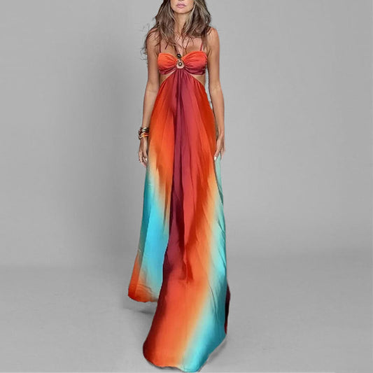 Women's Maxi Dress – Airy Fit – Spaghetti Straps – Gradient – Ring Detail Bust