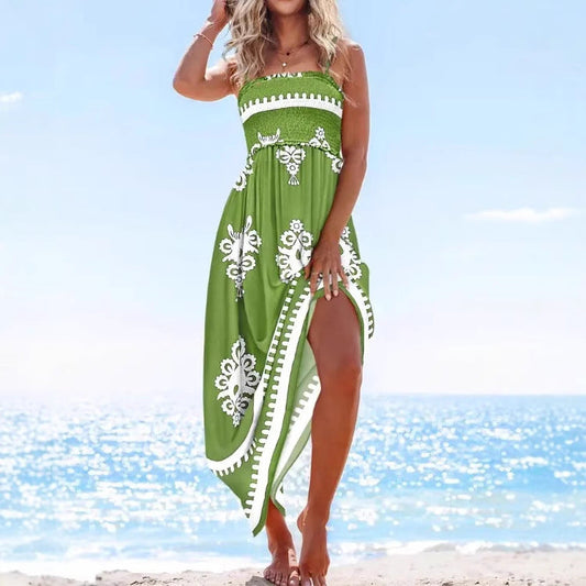 Women's Dress Midi – Strapless – Smocked Bodice – Lightweight and Breathable Fabric – Slit – Print
