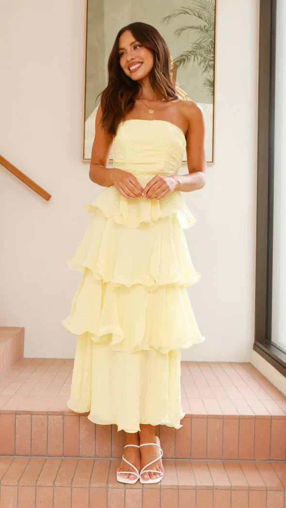 Dress woman – strapless midi dress – tight-fitting bodice – ruffle and layered skirt