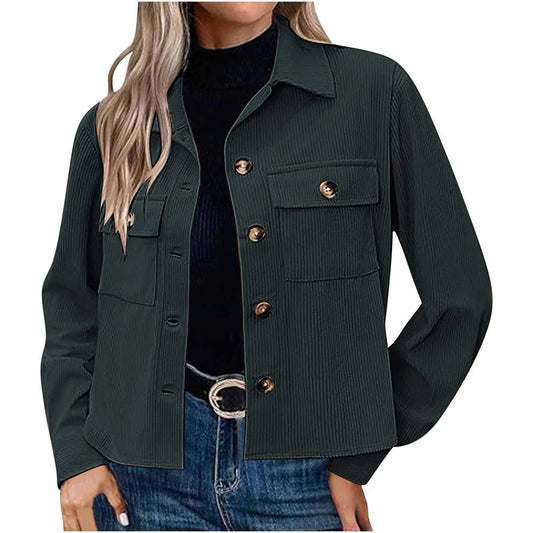 Women's Jacket – Relaxed Fit – Ribbed Texture – Buttons – Chest Pockets