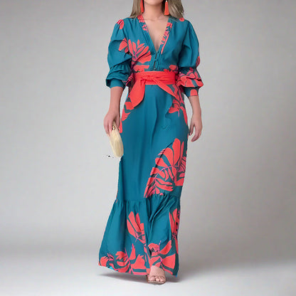 Maxi Dress Women – V-Neckline – Puff Sleeves – Belt at Waist – Draped Fit