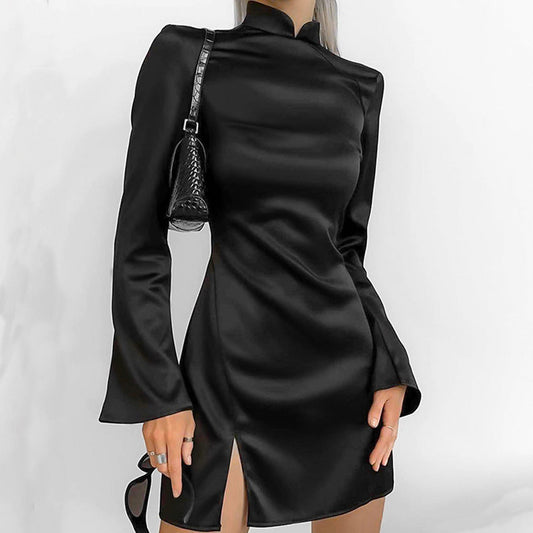 Dress for Women – Satin Mini Dress – Figure-Hugging Fit – Stand Collar and Bell Sleeves