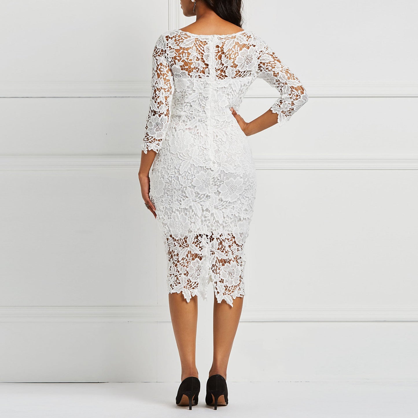 Dress for Women – Tight Fit – Lace with Floral Embroidery – Sheer Details – Midi Length – Three-Quarter Sleeves