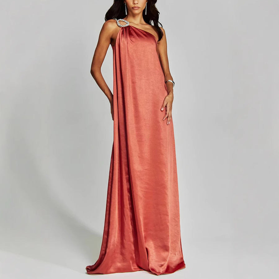 Dress for Women – Long Evening Dress – Satin – One Shoulder – Loose Fit – Ring Detail