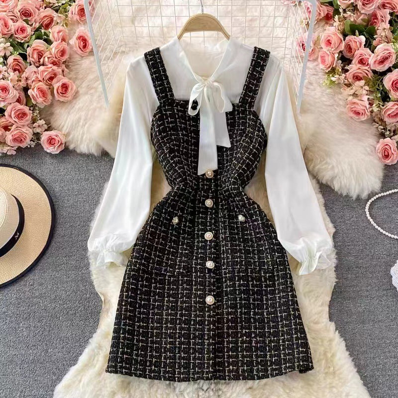 Women's Set with Pinafore Dress – Tweed – A-line – Blouse with Bow and Puff Sleeves