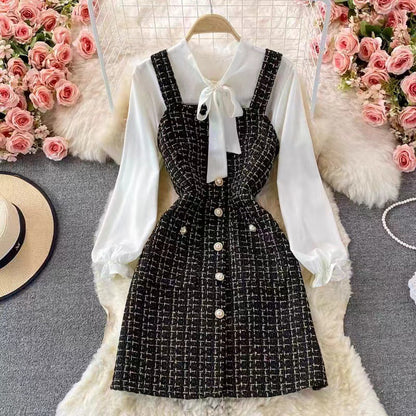Women's Set with Pinafore Dress – Tweed – A-line – Blouse with Bow and Puff Sleeves