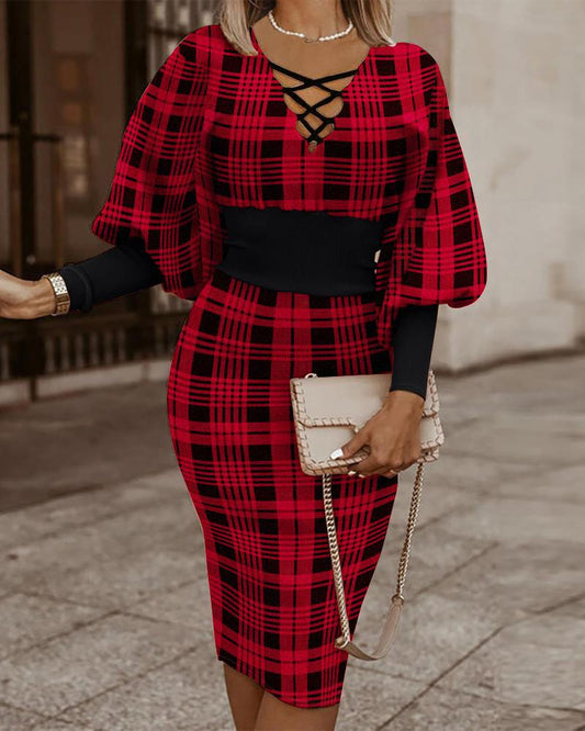 Dress woman – Bodycon fit – V-neck cross detail – Checkered pattern – Long sleeves