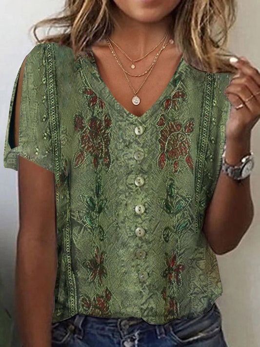 Women's Blouse – Relaxed Fit – V-Neck – Buttons – Embroidered Boho – Soft Fabric