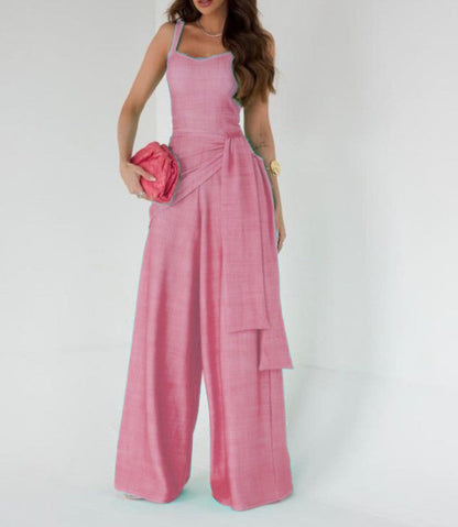 Women's Jumpsuit – Wide Leg – Sleeveless – Adjustable Waist – Linen Blend – Full Length