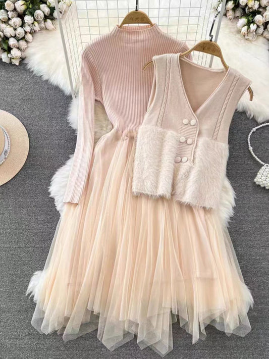 Women's Dress Set – Knitted Top – A-line Tulle Skirt – Sleeveless Vest