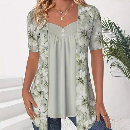 Women's Top – Relaxed Fit – Sweetheart Neckline – Floral Print Layered Look
