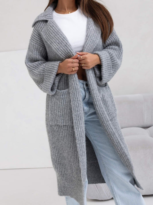 Women's Long Knitted Coat – Wool Blend – Oversized Fit – Hood and Pockets