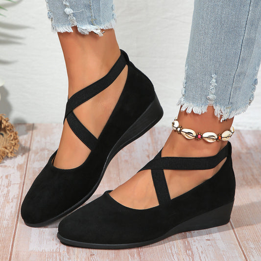 Women's Ballet Flats - Cross Strap Design - Comfort Wedge Heel