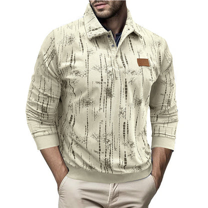 Men's Sweater – Relaxed Fit – Ribbed Knit – Button Collar – Patterned