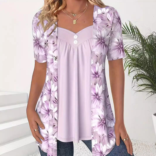 Women's Top – Relaxed Fit – Sweetheart Neckline – Floral Print Layered Look