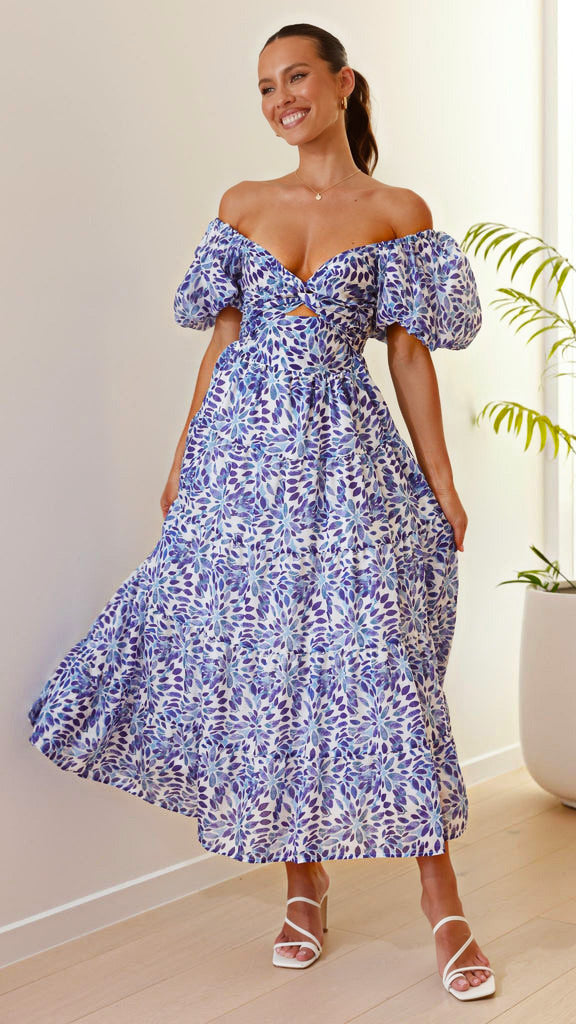 Dress woman – Maxi – Flared fit – Puff sleeves – Cut-out waist – Patterned tiered skirt