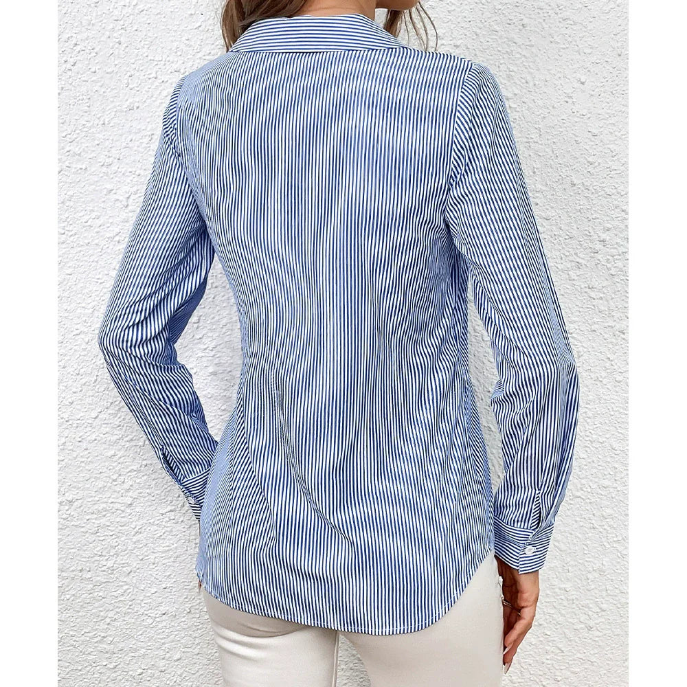 Women's Shirt – Slim Fit Wrap Style – Vertical Stripes – Waist Tie – Long Sleeve