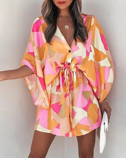 Dress woman – Mini dress with loose fit – V-neck – Lace waist – Ruffle sleeves