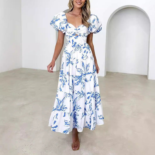 Women's Maxi Dress – Elegant Print – Puff Sleeves – Relaxed Fit – Lightweight Cotton