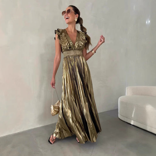 Dress for Women – A-line Fit – Satin Feel – Ruffled V-neck – Pleated Maxi Skirt