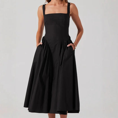Dress woman – Midi length – A-line fit – Open back with bow – Square neckline