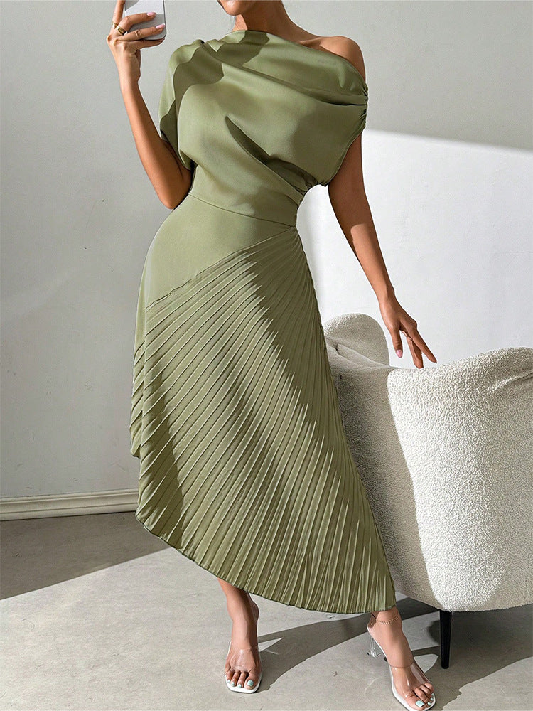 Dress for Women – Asymmetric Midi Length – One Shoulder – Pleated and Form-Fitting Design