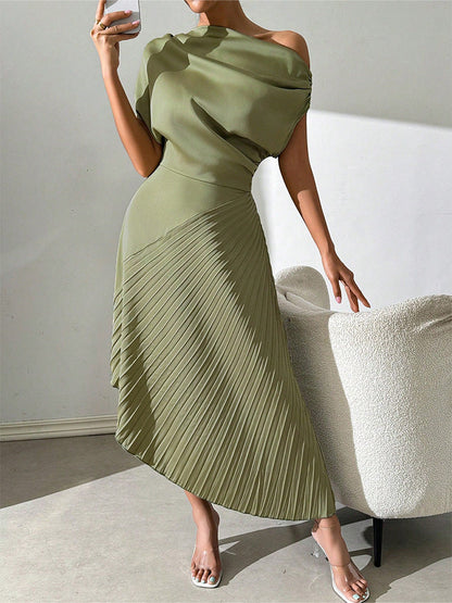 Dress for Women – Asymmetric Midi Length – One Shoulder – Pleated and Form-Fitting Design