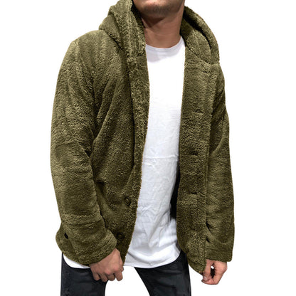 Men's Jacket with Hood – Plush Fleece – Relaxed Fit – Button Front