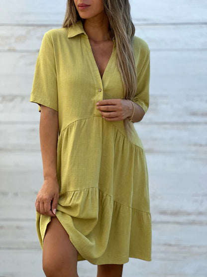 Dress for Women – Relaxed Fit – Short Sleeve – Collar – Layered – Natural Fibers