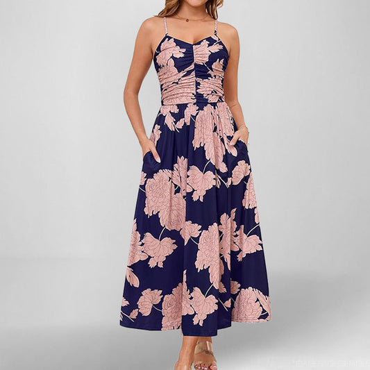 Women's Dress – Sleeveless A-line – Spaghetti Straps – Floral Print – With Pockets – Midi Length