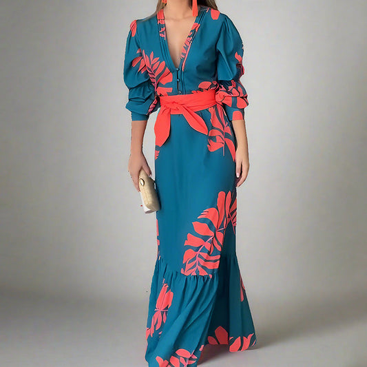 Dress for Women – Maxi Length – Tailored Fit – Puff Sleeves – V-Neckline – Belt – Patterned