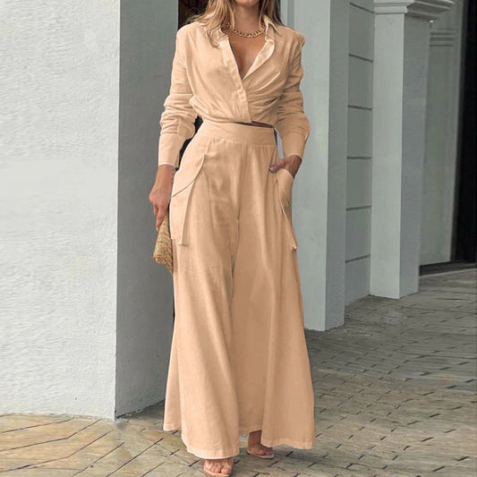 Women's Two-Piece Set – Tailored Blouse – Wide High-Waisted Pants – Breathable Fabric
