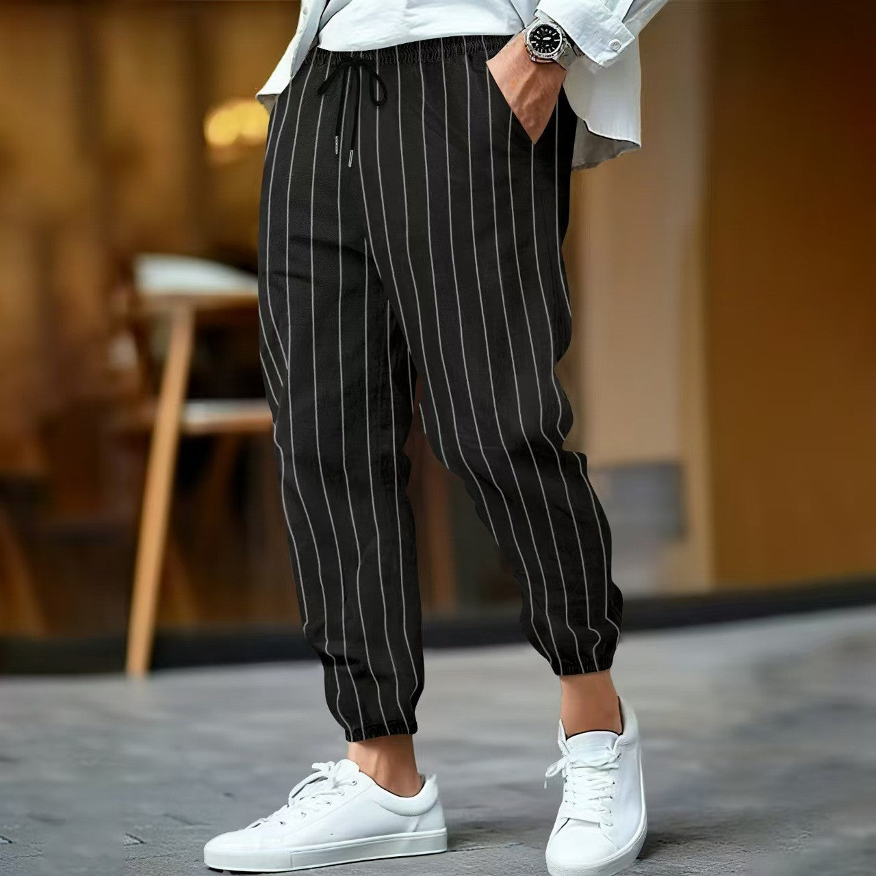 Men's Trousers – Relaxed Fit – Elastic Waistband with Drawstring – Tapered Legs – Cotton Blend