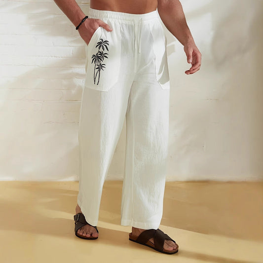 Men's Trousers with Wide Legs – Relaxed Fit – Breathable Cotton/Linen – Drawstring Waist – Palm Print on Pocket