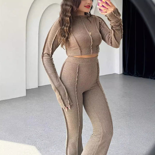 Women's Set – Ribbed Knit Loungewear – Slim Fit – Cropped Sweater and High-Waisted Pants