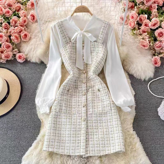 Women's Set with Pinafore Dress – Tweed – A-line – Blouse with Bow and Puff Sleeves
