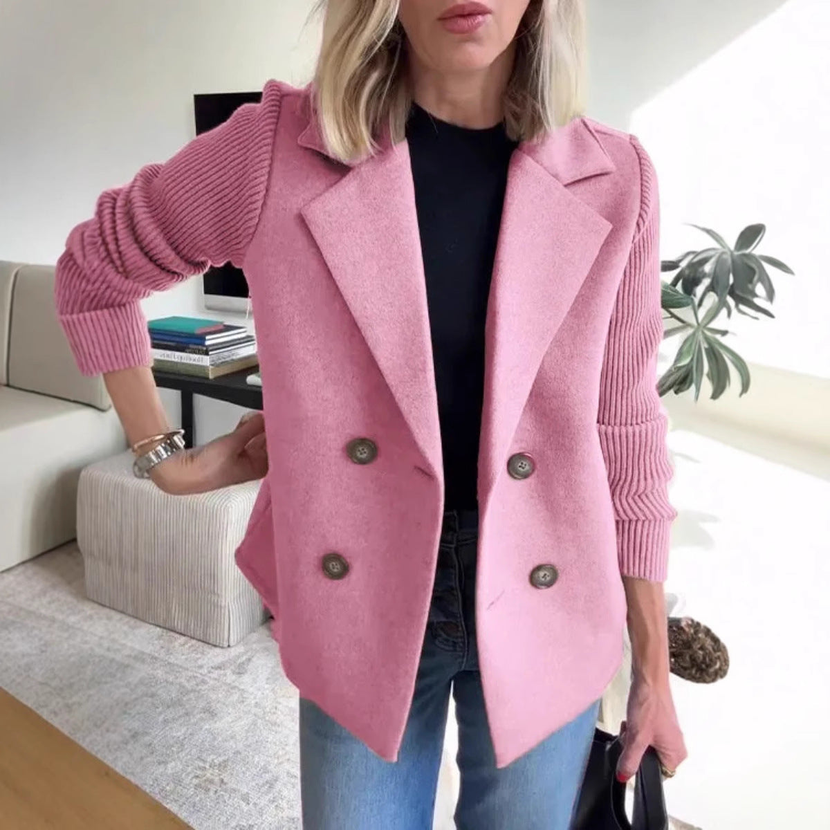 Women's Blazer – Oversized Fit – Double-Breasted – Soft Finish – Ribbed Sleeves