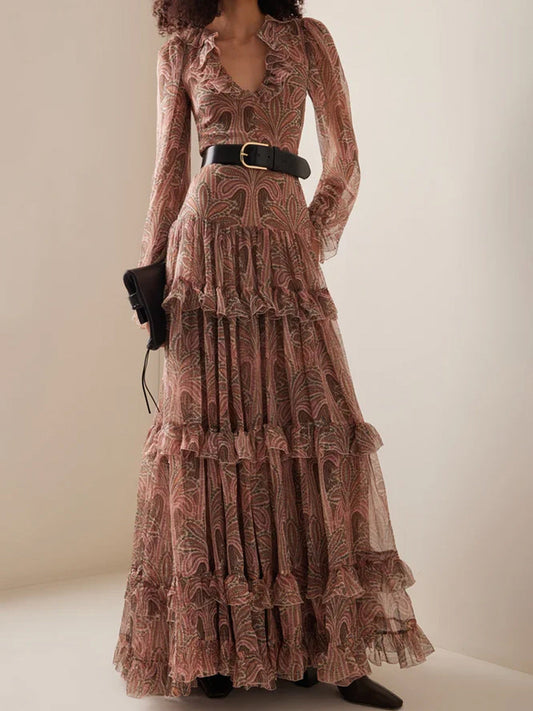 Dress woman – Bohemian style – Chiffon – Ruffles – V-neck – Wide sleeves – Long model